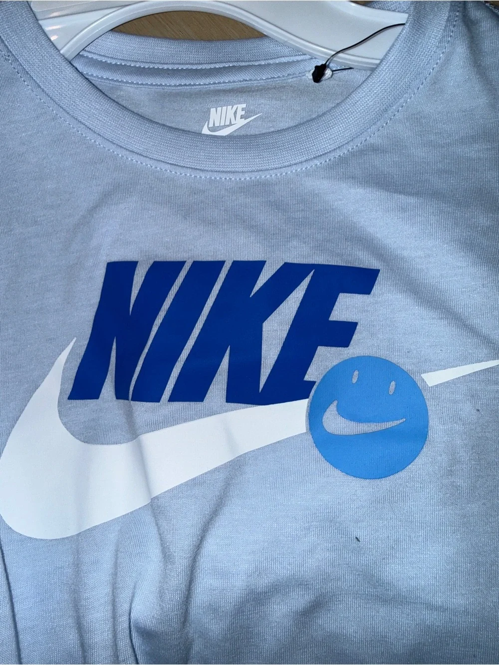 Nike Light Blue Kids Tee with White Swoosh and Wordmark